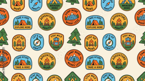 Collection of vintage outdoor adventure badges featuring mountains, trees, lakes, campfires and camping icons in a repeating seamless pattern
