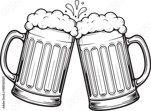 Two beer mugs cheering together with foam overflowing in a celebratory toast, viewed from the side in a simple illustration style