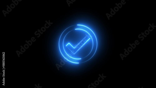 Neon checkmark icon animation glowing blue color success tick mark correct agree icon sign symbol on black background