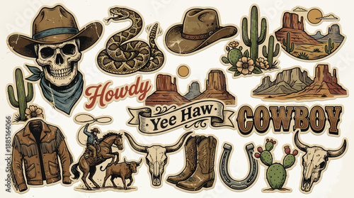 Dynamic western cowboy collage featuring skull with hat, horses, boots, lasso, cactus and vintage rodeo elements for rustic western design themes