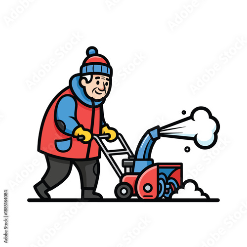 A cartoon man in winter gear operates a snow blower