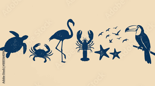 Set of navy blue animal silhouettes on beige background featuring turtle, crab, flamingo, lobster, starfish and parrot