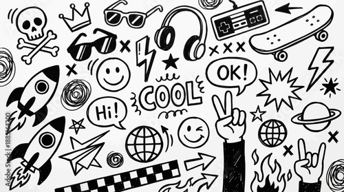 Energetic black-and-white doodle collage of space, rockets, planets, retro tech, music imagery, and playful hand gestures.