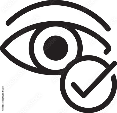 A simple black and white illustration of an eye with a magnifying glass and checkmark, symbolizing scrutiny and verification, displayed on a clean background from a straightforward viewpoint.
