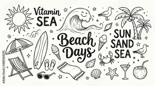 Hand-drawn beach day doodles with surfboard, palm trees, seashells and sun — Vitamin SEA illustration for summer vibes and seaside escape