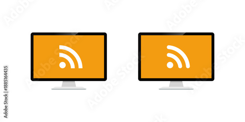 RSS feed icon on computer screen. Internet syndication symbol in desktop display