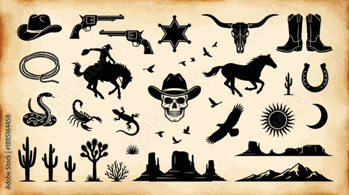 Western silhouette collection featuring cowboy hats, boots, lassos, revolvers, cattle skulls, horses, cacti, sun and moon, desert landscapes, and iconic ranch-life icons.