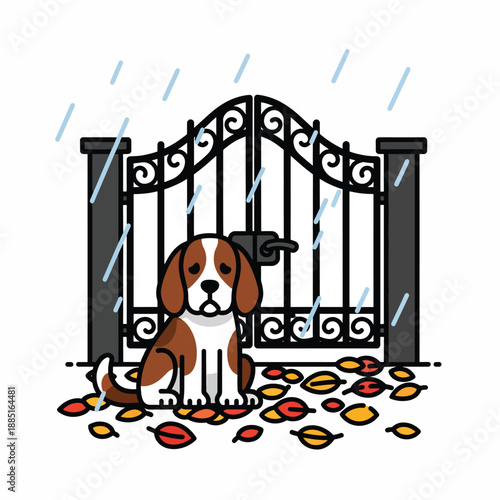 A brown and white dog sits under a black wrought-iron gate on a rainy day