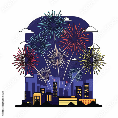 A city skyline at night with colorful fireworks exploding