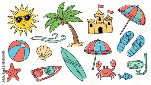 Summer Beach Vacation Elements Collection Fun Symbols.
