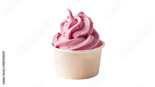 Creamy pink soft serve ice cream in a cup, set against a plain background
