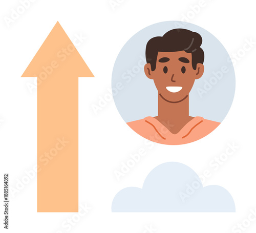 Personal development, career growth, motivation, success, self-confidence, achievement. Smiling person portrait with upward arrow and cloud. Personal development and career growth concept