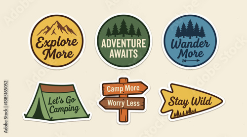 Set of illustrated camping stickers featuring Explore More, Stay Wild, Camp More and Tent logos with adventure and wanderlust themes