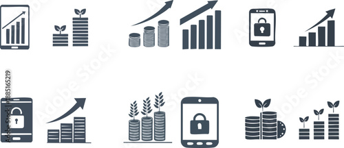 Financial Growth Investment and Mobile Security Icon Set