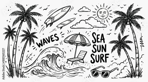 Hand-drawn beach doodle with palm trees, waves, sun, surfboard, umbrella and sunglasses – tropical seaside illustration for travel and summer vibes
