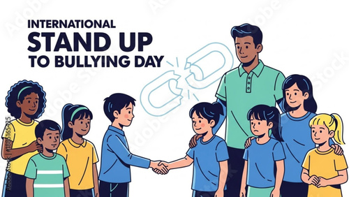 International Stand Up To Bullying Day illustration diverse children and adults showing solidarity and support concept of anti-bullying and kind