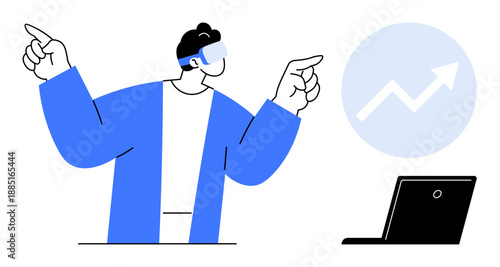 Virtual reality, digital innovation, business growth, data analysis, futuristic technology, digital transformation. Person in VR headset pointing at a growth chart near a laptop. Virtual reality