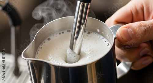 Macro shot of a steam wand frothing milk in a stainless pitcher, microfoam texture