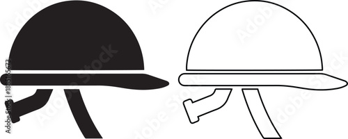 Vector icon set featuring a military soldier helmet with chin strap in solid black silhouette and linear outline styles representing army combat protection and war defense equipment.