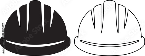 Vector icon set featuring a construction safety hard hat helmet in solid black silhouette and linear outline styles representing builder protection and industrial site equipment.