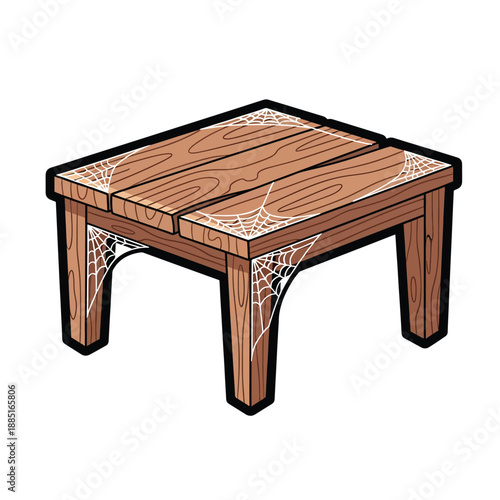 A brown wooden table covered with cobwebs on a white background