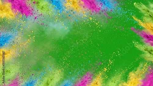 Vibrant holi powder flying against a green screen background with colorful powder explosion.