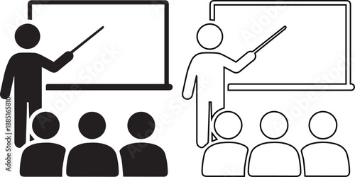 Vector icon set featuring a teacher pointing at a blackboard in front of a class in solid black silhouette and linear outline styles for education, school training, and seminar concepts.