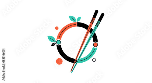 Abstract chopsticks with leaves and circle