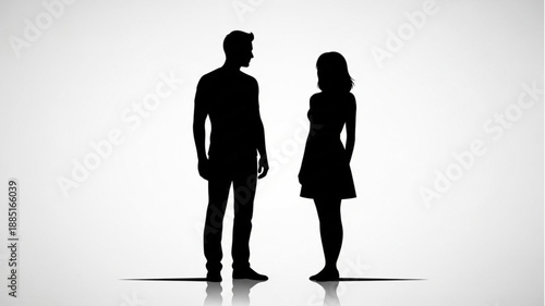 Couple Silhouette Facing Each Other Against White Background.