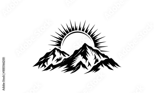 Mountain range with rising sun silhouette, minimalist outdoor adventure vector illustration.