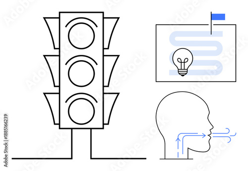 Traffic light concept. Traffic light symbolism in decision-making, human breathing process illustration, and lightbulb innovation. For safety, education, creativity, health, inspiration