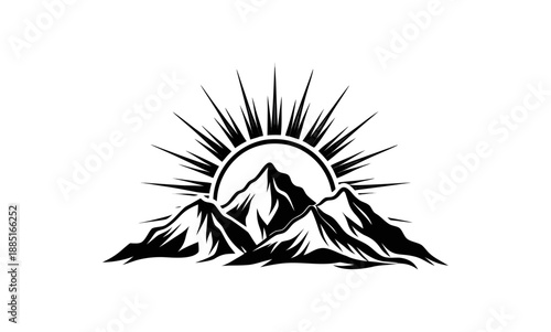 Mountain range with rising sun silhouette, minimalist outdoor adventure vector illustration.