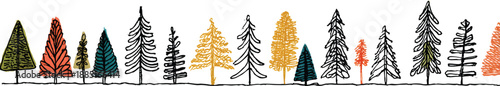 A row of hand-drawn pine trees in various colors on a transparent background