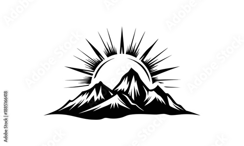 Mountain range with rising sun silhouette, minimalist outdoor adventure vector illustration.