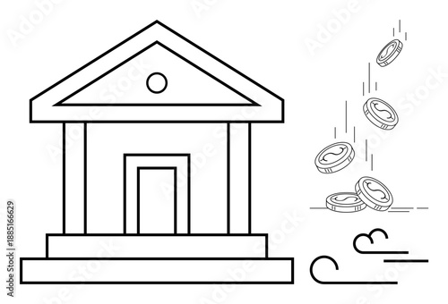 Finance, investment, banking, economic downturn, money management, savings security. Bank outlined with coins falling and wind indication. Economic downturn and finance displayed