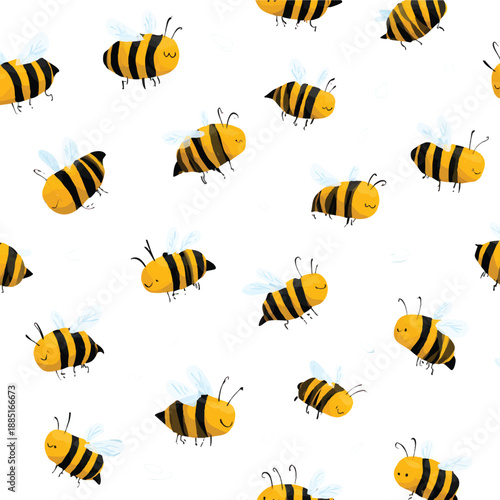 A seamless pattern of cartoon bumble bees on a light blue on a transparent background