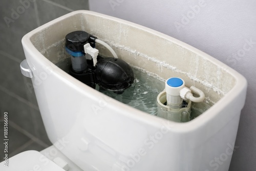 Toilet tank interior with fill valve and flush mechanism showing water level and limescale buildup in bathroom plumbing