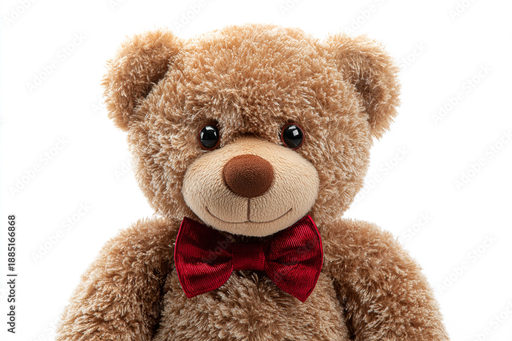 Obraz premium Adorable teddy bear with a red bow tie, perfect for childhood memories, gifts, and heartwarming designs, bringing joy and comfort.
