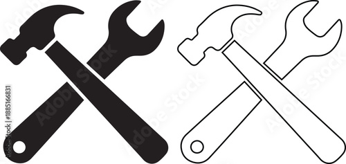 Vector icon set featuring crossed hammer and wrench tools in solid black silhouette and linear outline styles for handyman repair services, home renovation, and industrial maintenance.