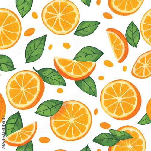 A seamless pattern of oranges, with orange slices and leaves on a transparent background