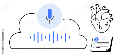 Microphone icon on cloud with sound waves, anatomical heart, medical checklist. Ideal for healthcare, AI, cloud computing, voice assistant, medical tech diagnostics innovation. Simple flat metaphor