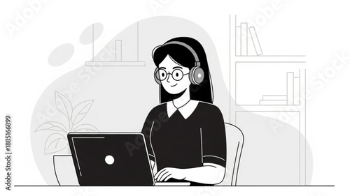 Young woman wearing headphones and glasses working on a laptop computer.