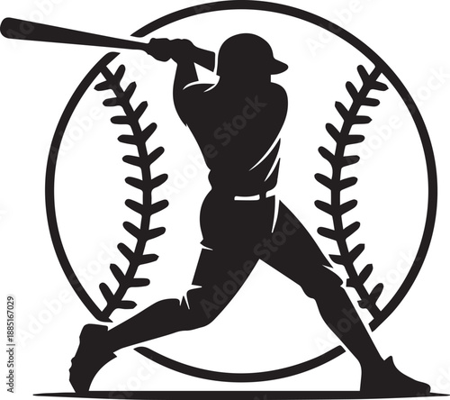 Baseball player silhouette in dynamic swing pose with bat over stitched baseball graphic for sports emblem