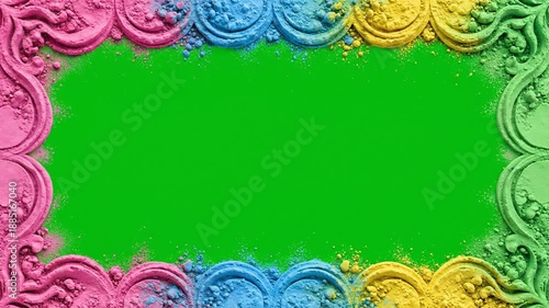 Vibrant holi powder flying across a green screen background with colorful border.