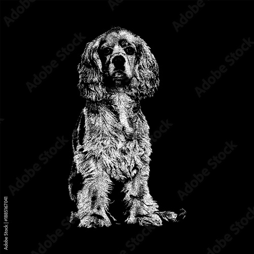 Hand drawn black and white vector illustration of an American Cocker Spaniel dog sitting, featuring detailed fur texture and realistic engraving style. 