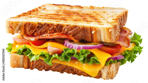 Deliciously stacked sandwich with crispy bacon, fresh vegetables, and melted cheese isolated on white background