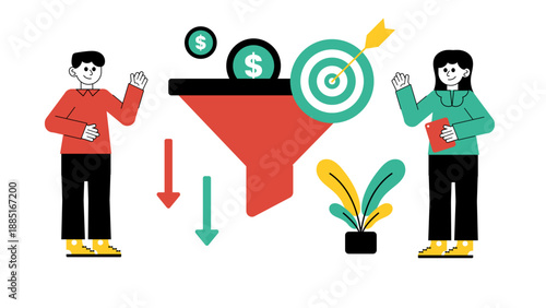 Two colleagues managing a sales funnel with target and financial symbols