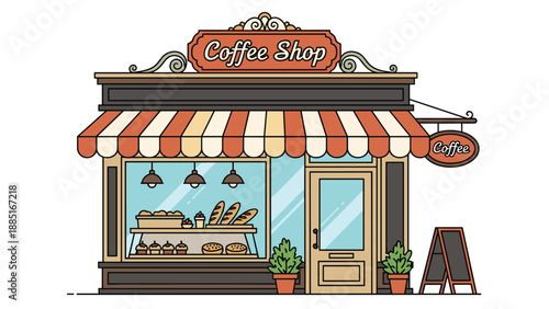 A charming and detailed illustration of a classic coffee shop storefront with a striped awning, large windows, and outdoor signage.