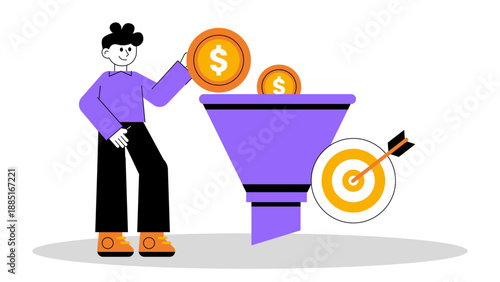 Man putting gold coins into a marketing funnel toward a target board