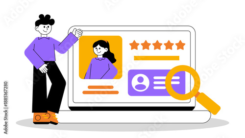 Man reviewing a digital candidate profile on a laptop screen with stars